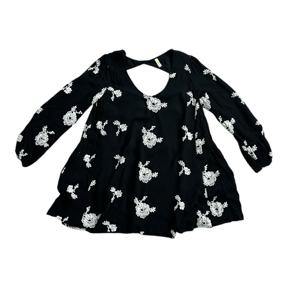 Free People Black Floral Embroidered Lined long Sleeve Mini Dress